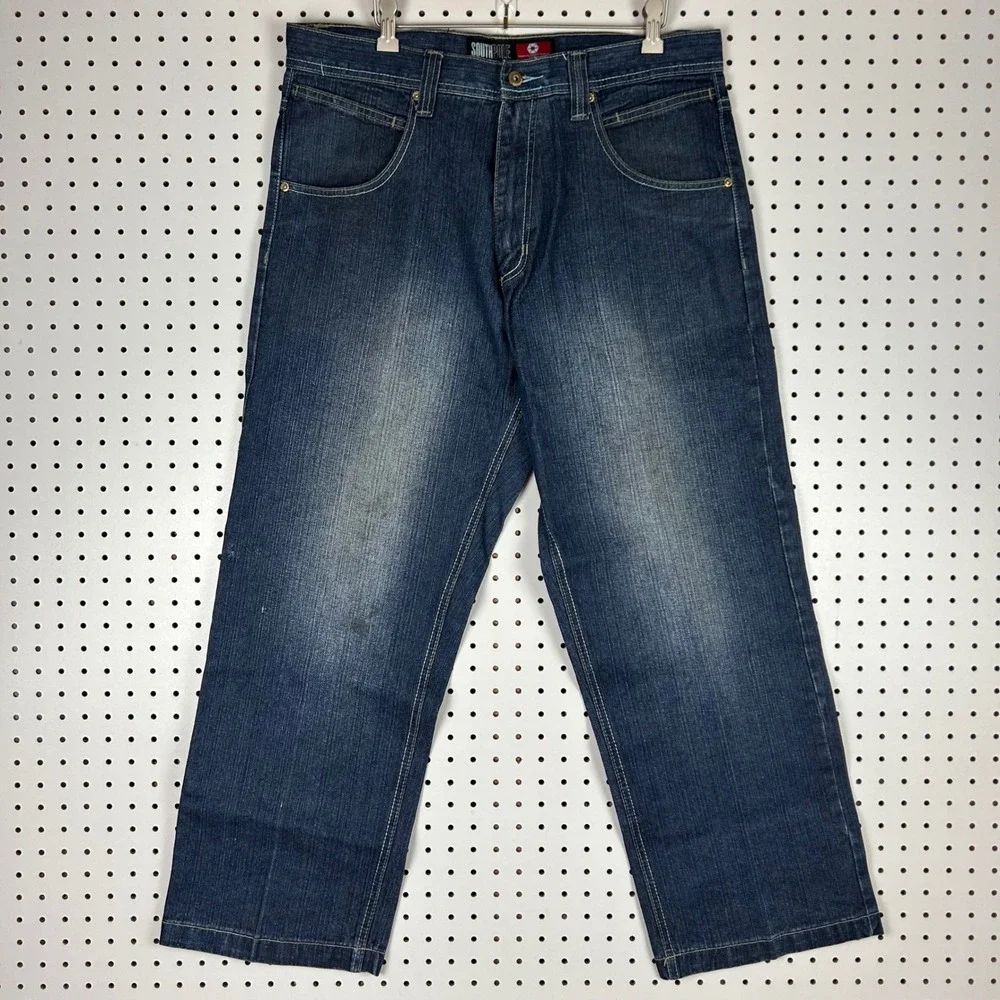 Southpole Baggy Jean 36x30 Blue Denim Colorful Stitched Back Pockets Skater RARE